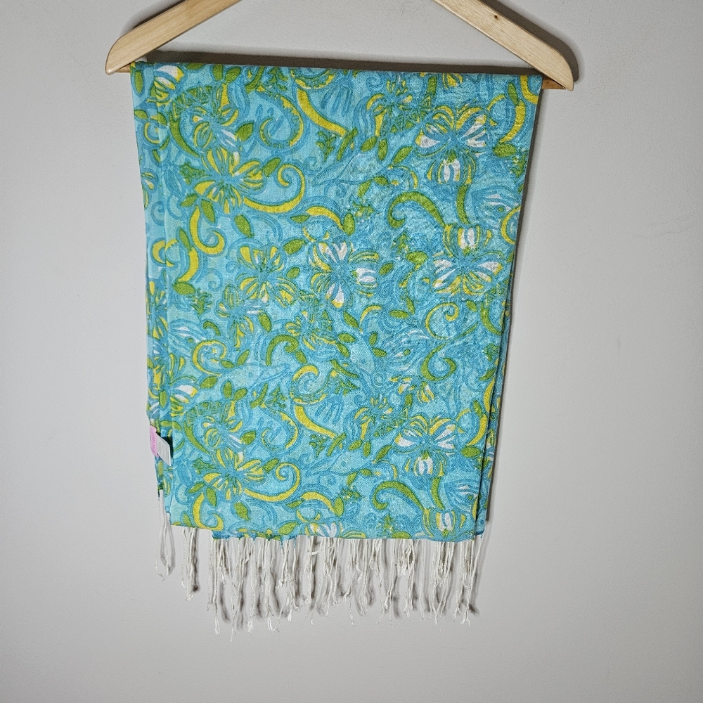 Lilly Pulitzer Murfee Tri Delta Scarf Silk Cashmere Green Blue Yellow Fringe - Picture 2 of 4